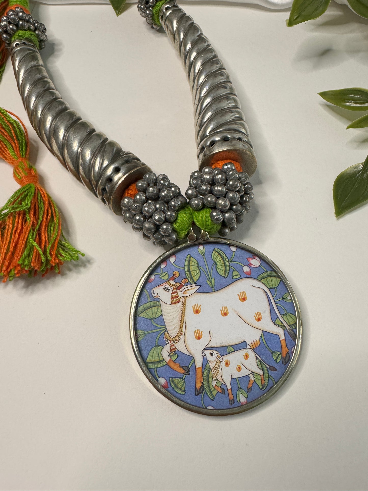 Radha Krishna Cow HandPainted Pichwai Necklace