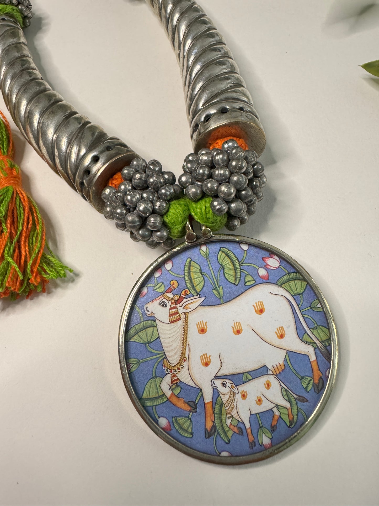 Radha Krishna Cow HandPainted Pichwai Necklace
