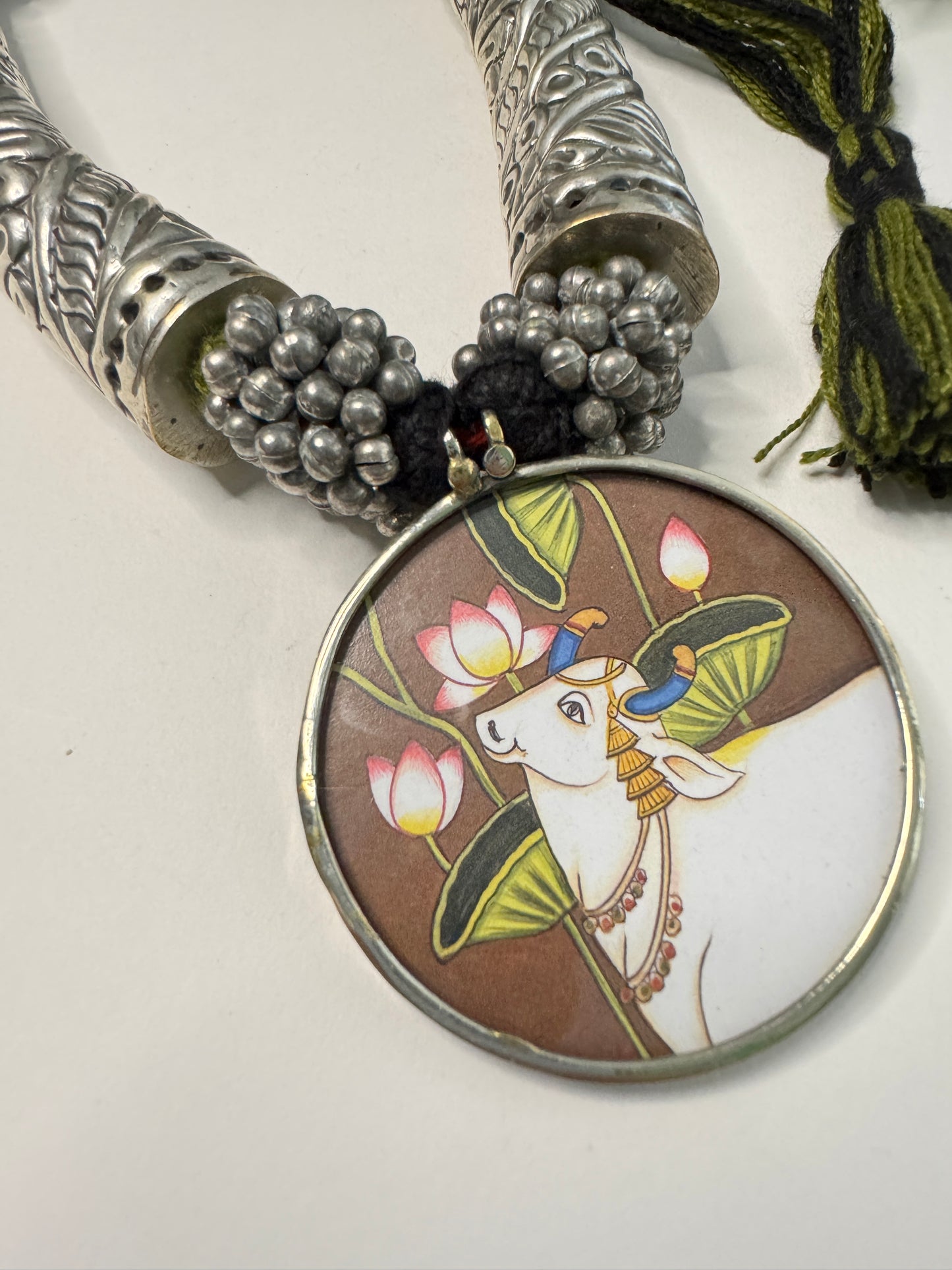 Radha Krishna Cow HandPainted Pichwai Necklace