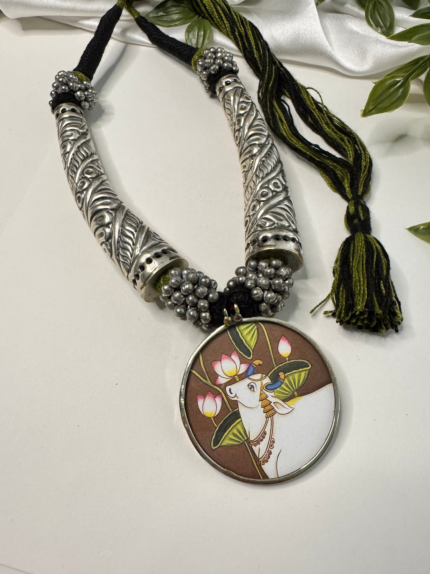 Radha Krishna Cow HandPainted Pichwai Necklace