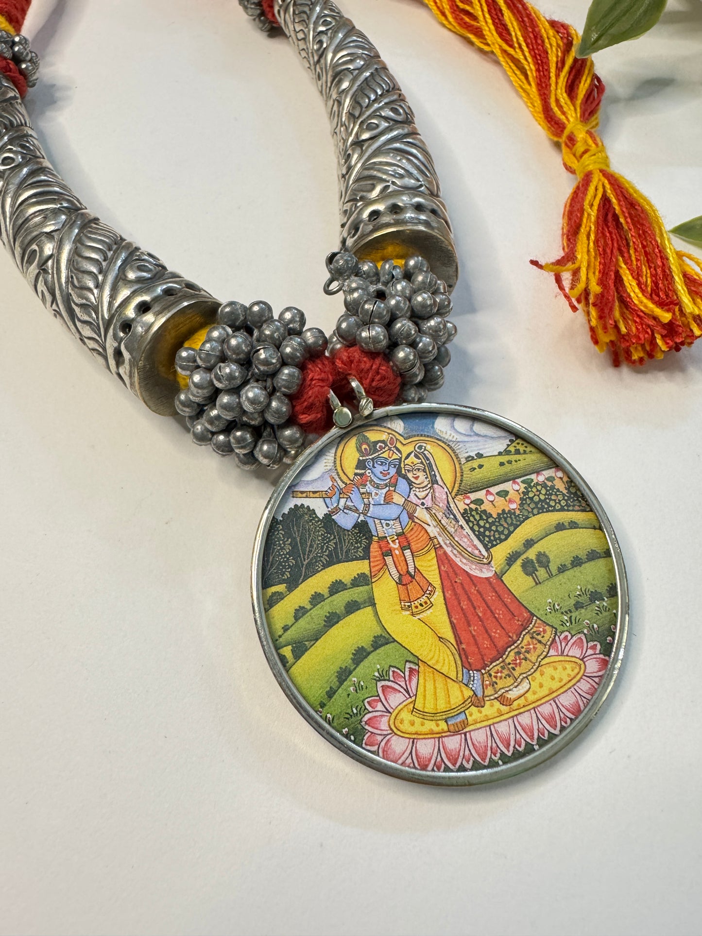 Radha Krishna Cow HandPainted Pichwai Necklace
