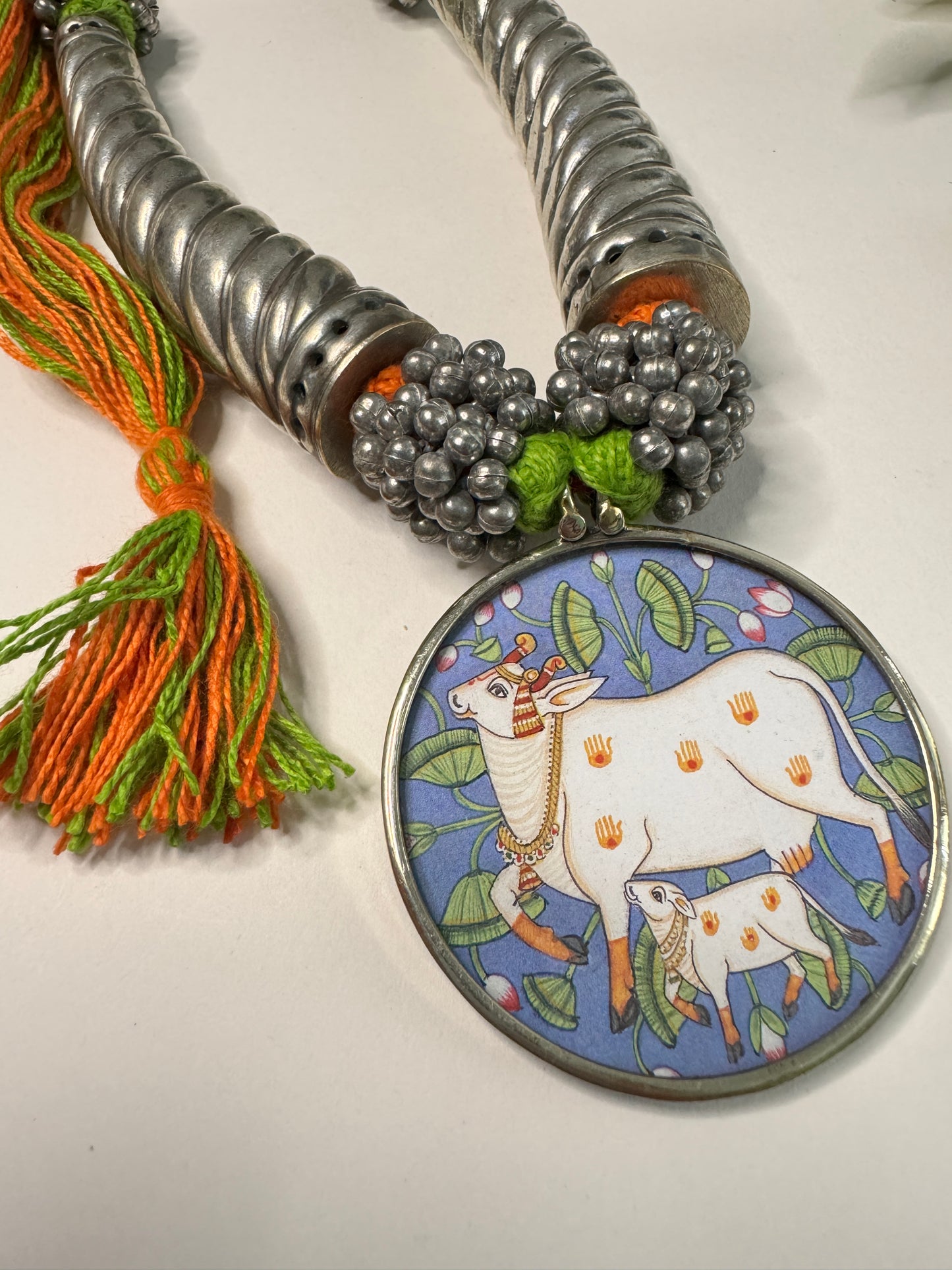 Radha Krishna Cow HandPainted Pichwai Necklace