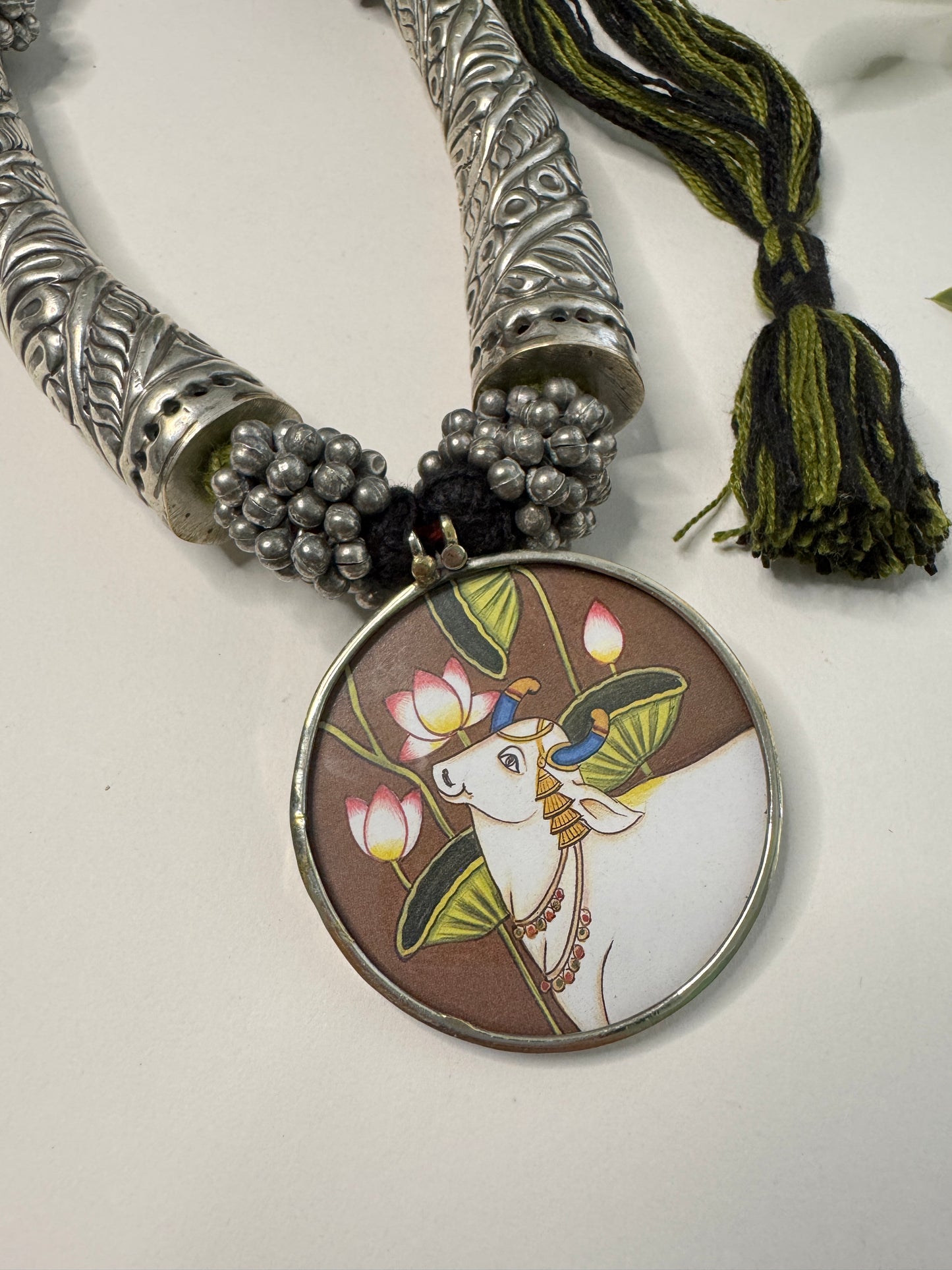 Radha Krishna Cow HandPainted Pichwai Necklace
