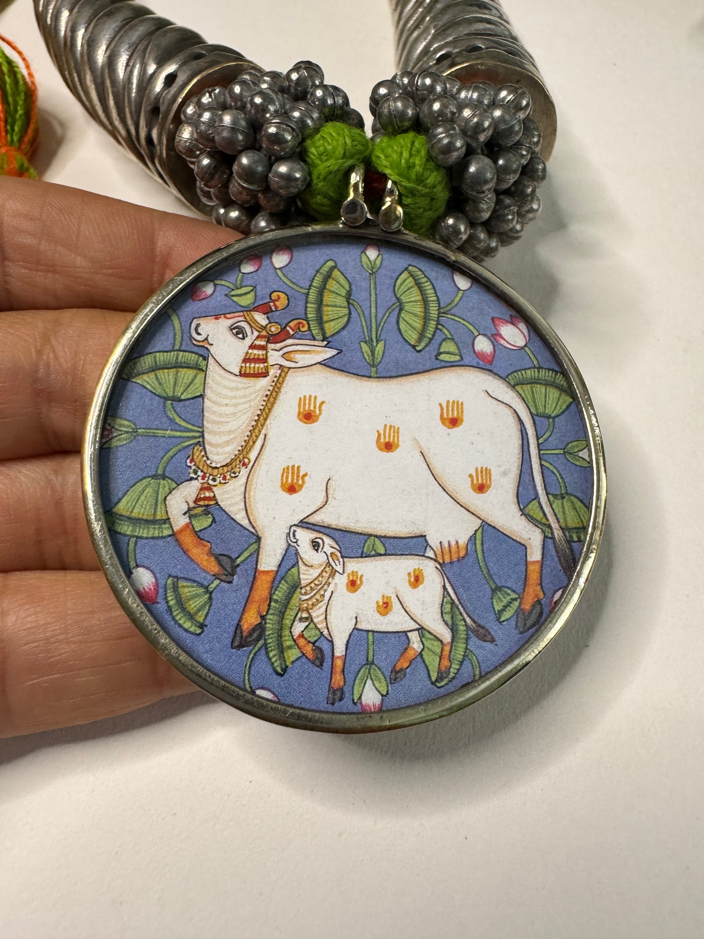Radha Krishna Cow HandPainted Pichwai Necklace