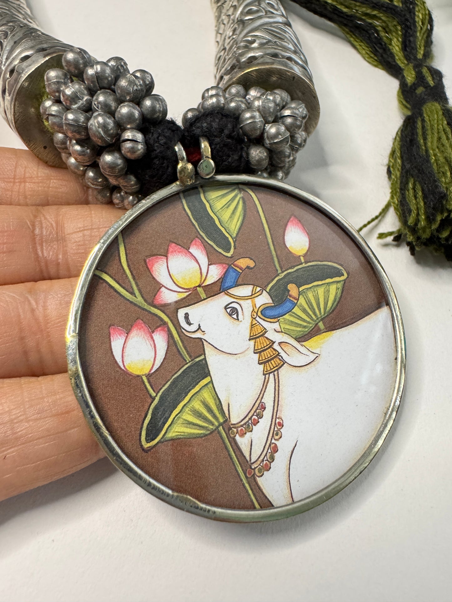 Radha Krishna Cow HandPainted Pichwai Necklace