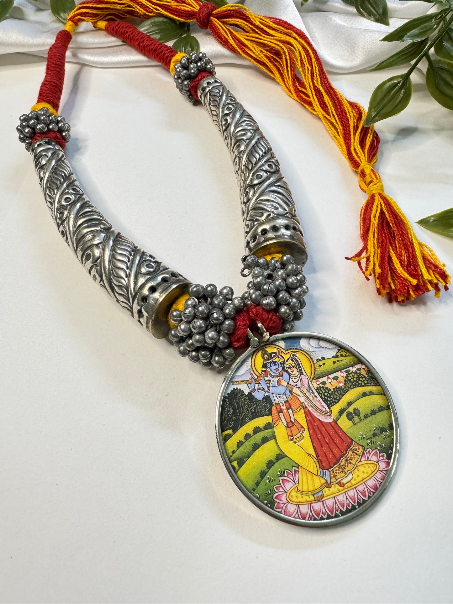 Radha Krishna Cow HandPainted Pichwai Necklace