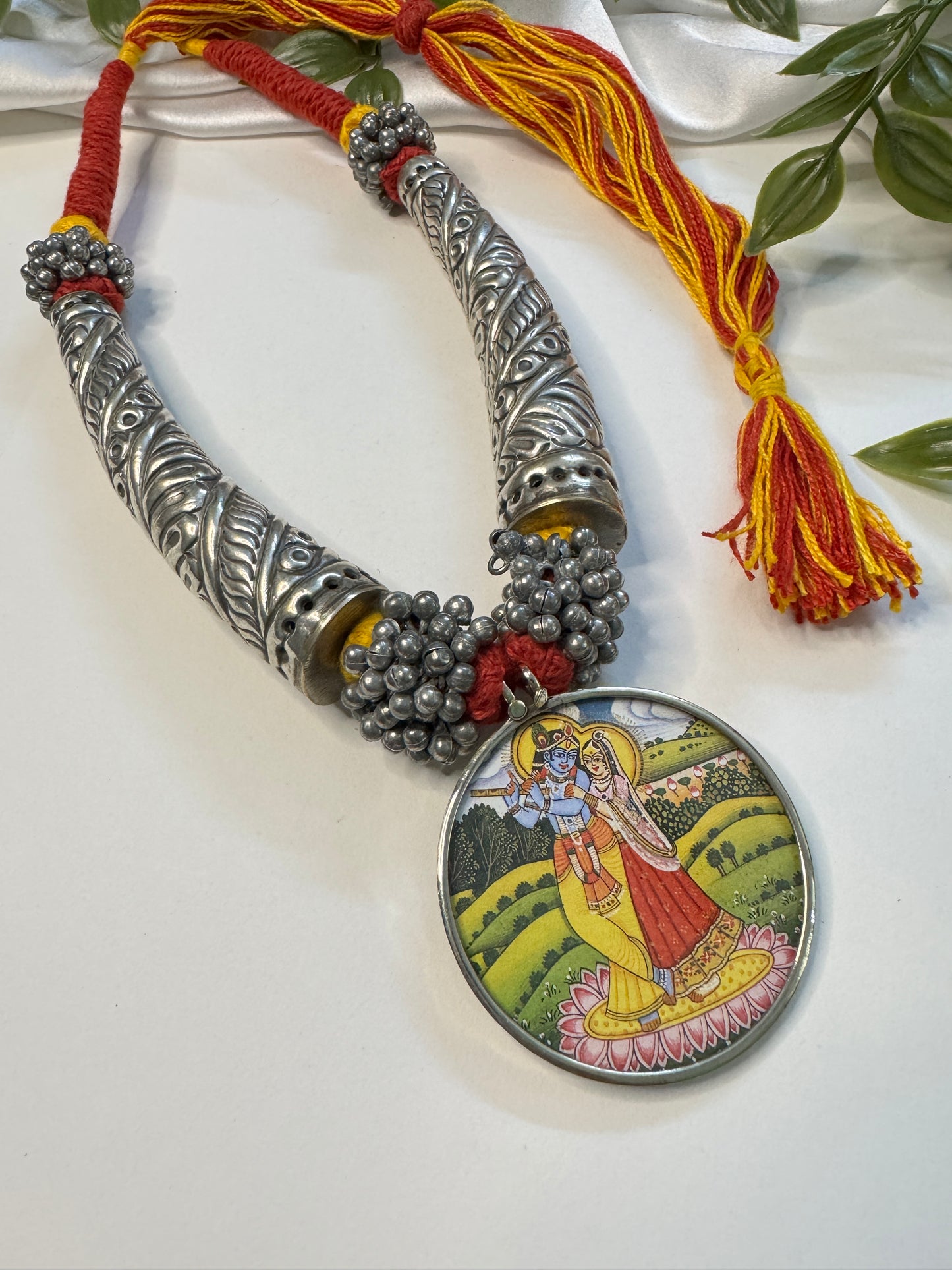 Radha Krishna Cow HandPainted Pichwai Necklace