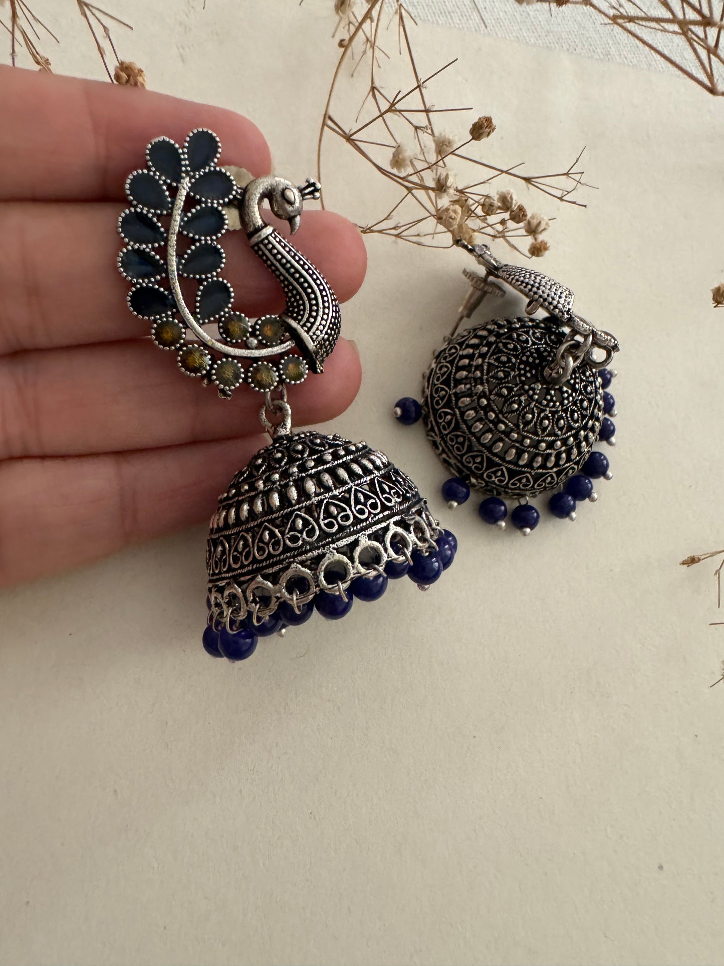 Oxidised Peacock Jhumka