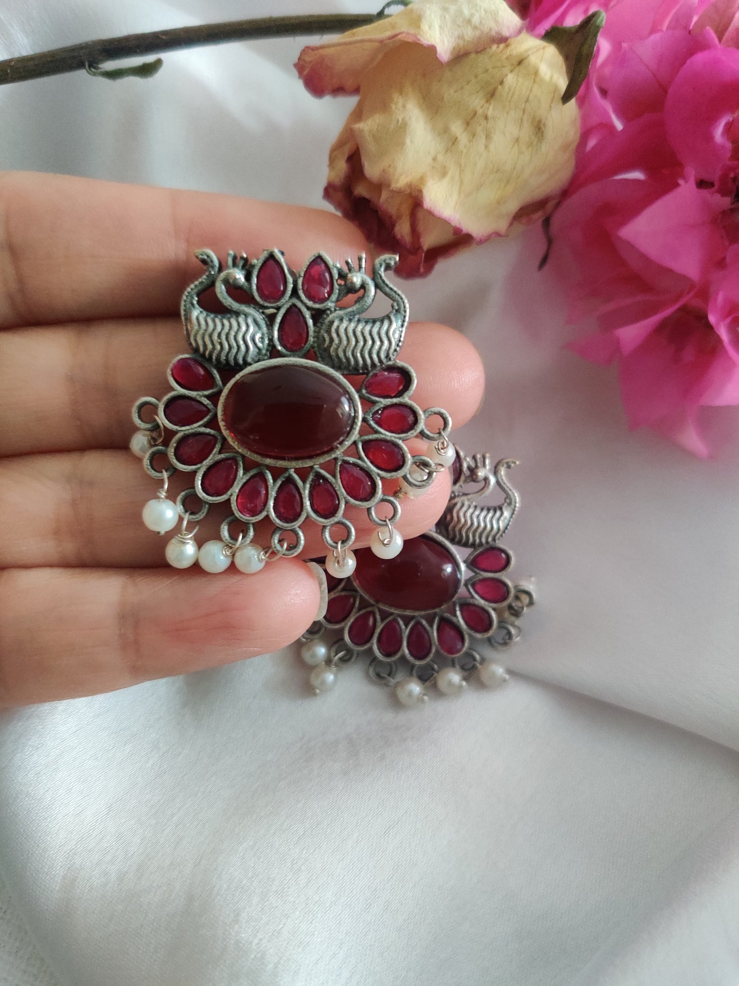 Peacock Maroon Monalisa Studs Earrings
